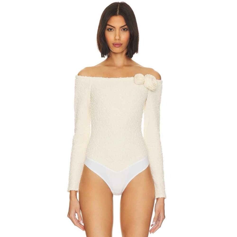 LPA | Cream "Romola" off shoulder crinkle rosette long sleeve bodysuit | Size S